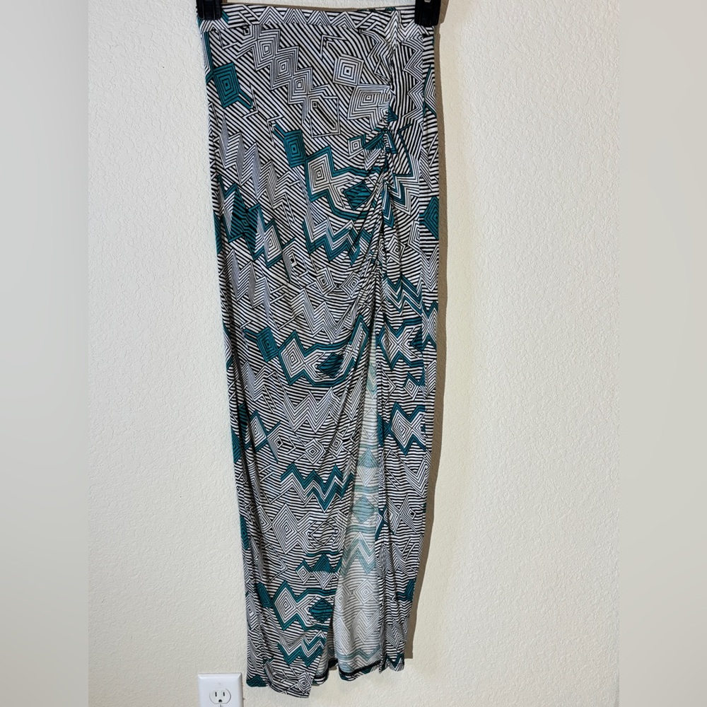 Geo Print Wrap Maxi Skirt | Teal, Black & White